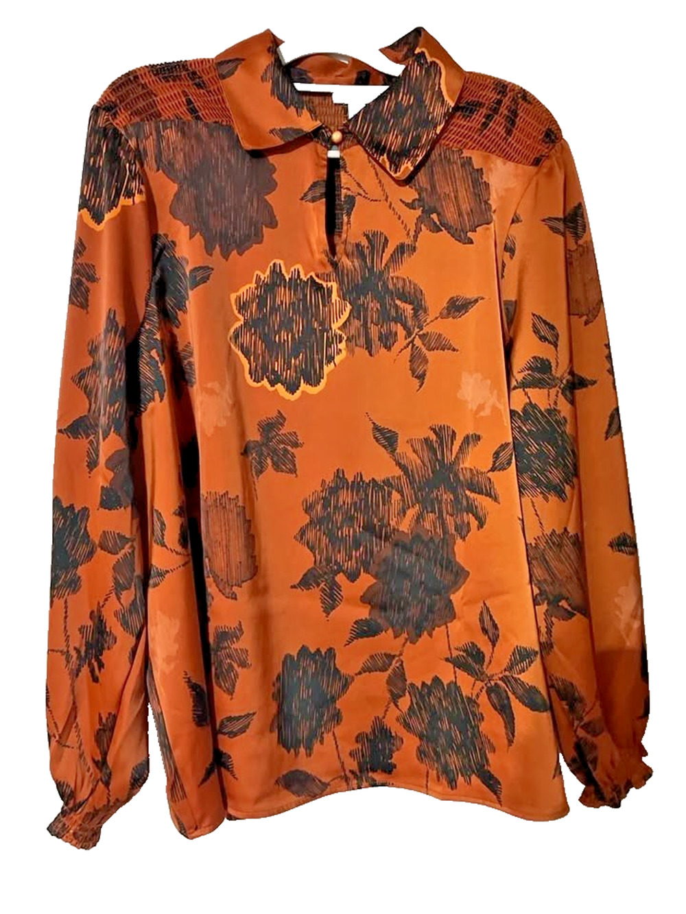 Canyon Retreat Rust Orange Floral Blouse XL Smocked Yoke Boho Fall Top